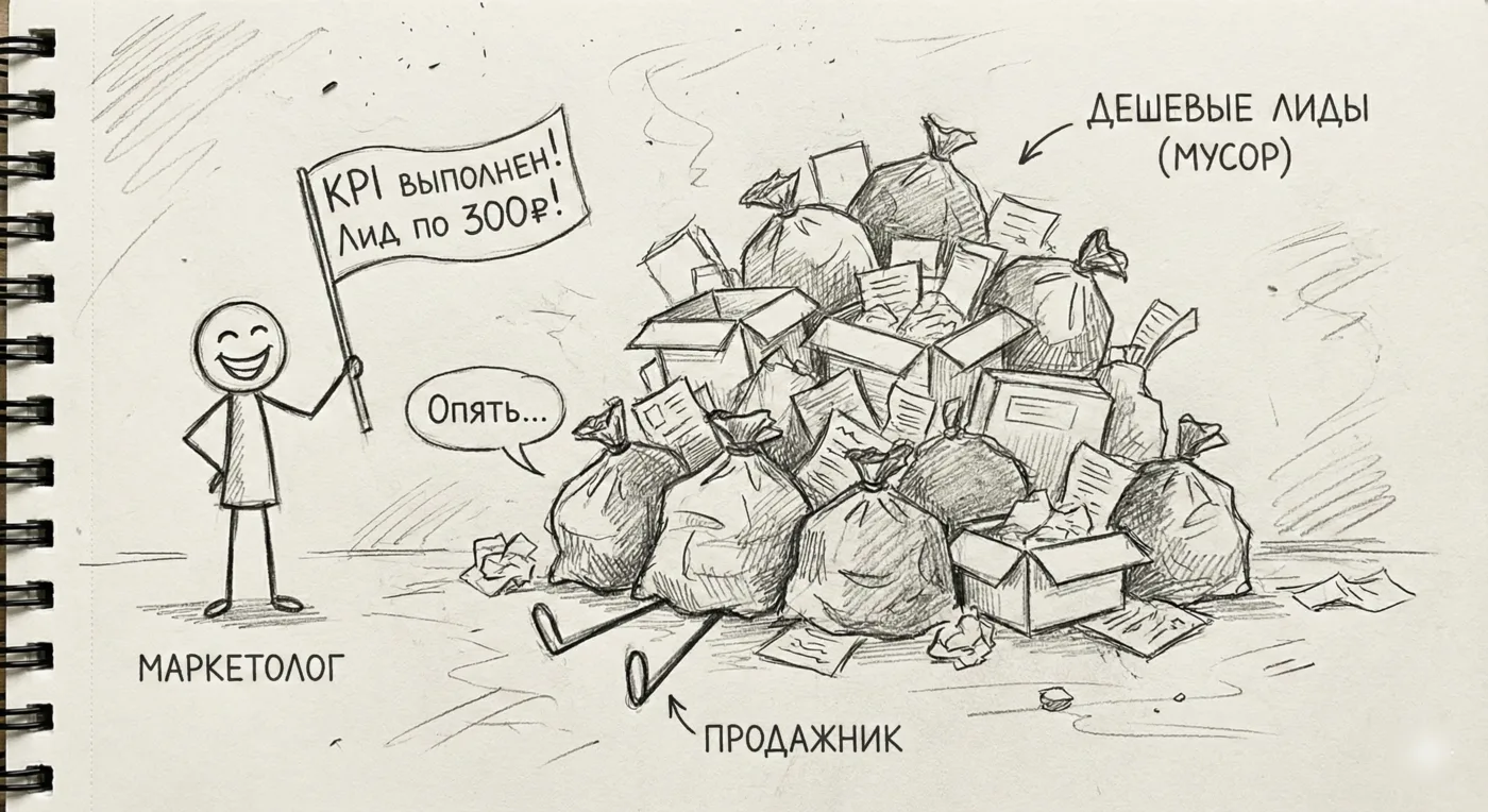 Маркетолог с дешёвыми лидами, продажник завален мусорными заявками