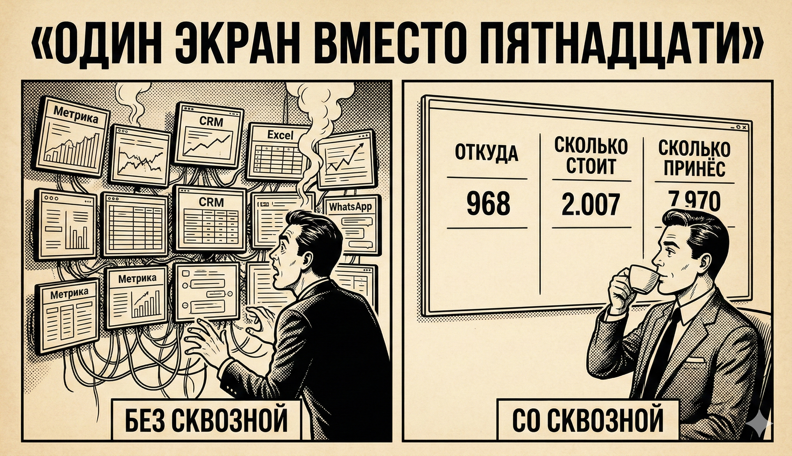 Сравнение: без сквозной аналитики — 15 экранов хаоса, со сквозной — один дашборд с ясными цифрами