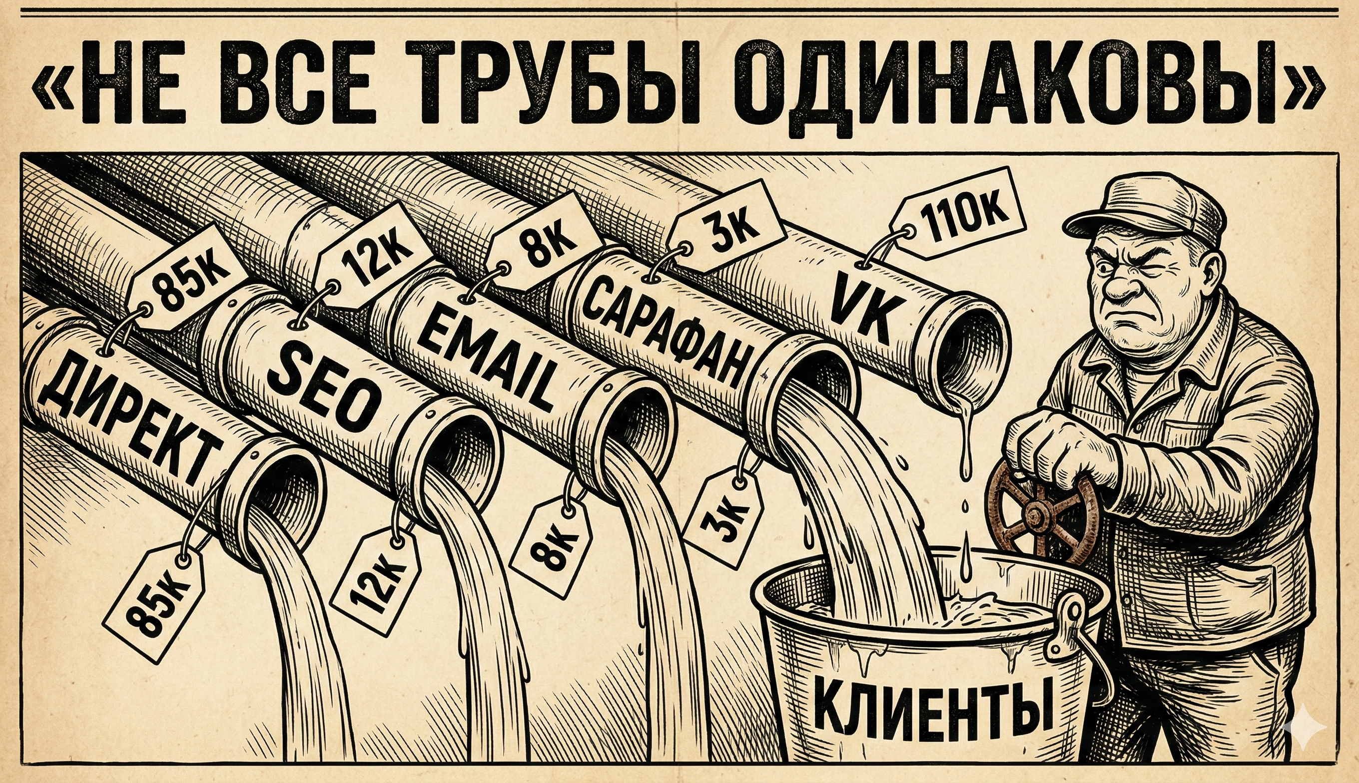 Пять труб маркетинга с разной ценой — не все каналы привлечения одинаковы