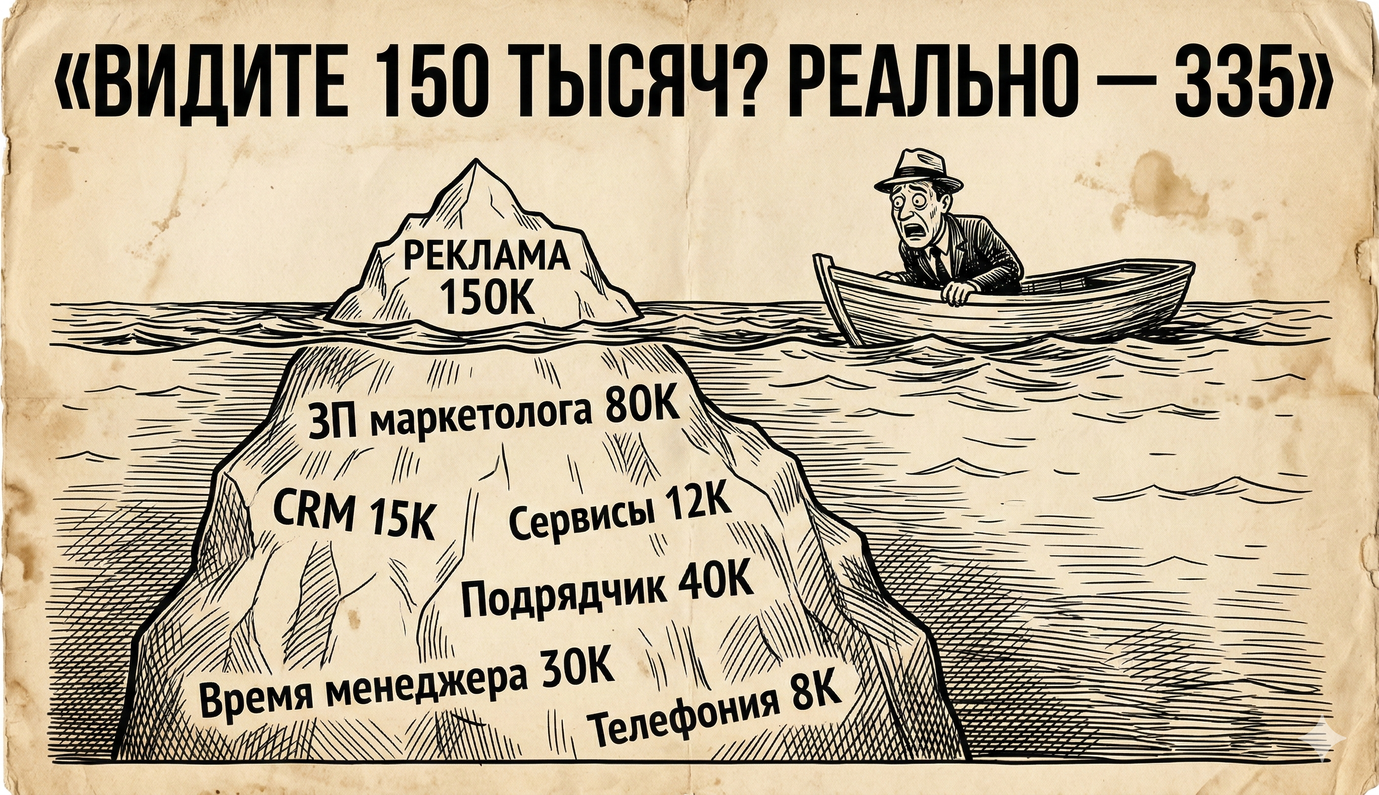Айсберг расходов на маркетинг — видна только реклама, скрыты зарплаты и инструменты