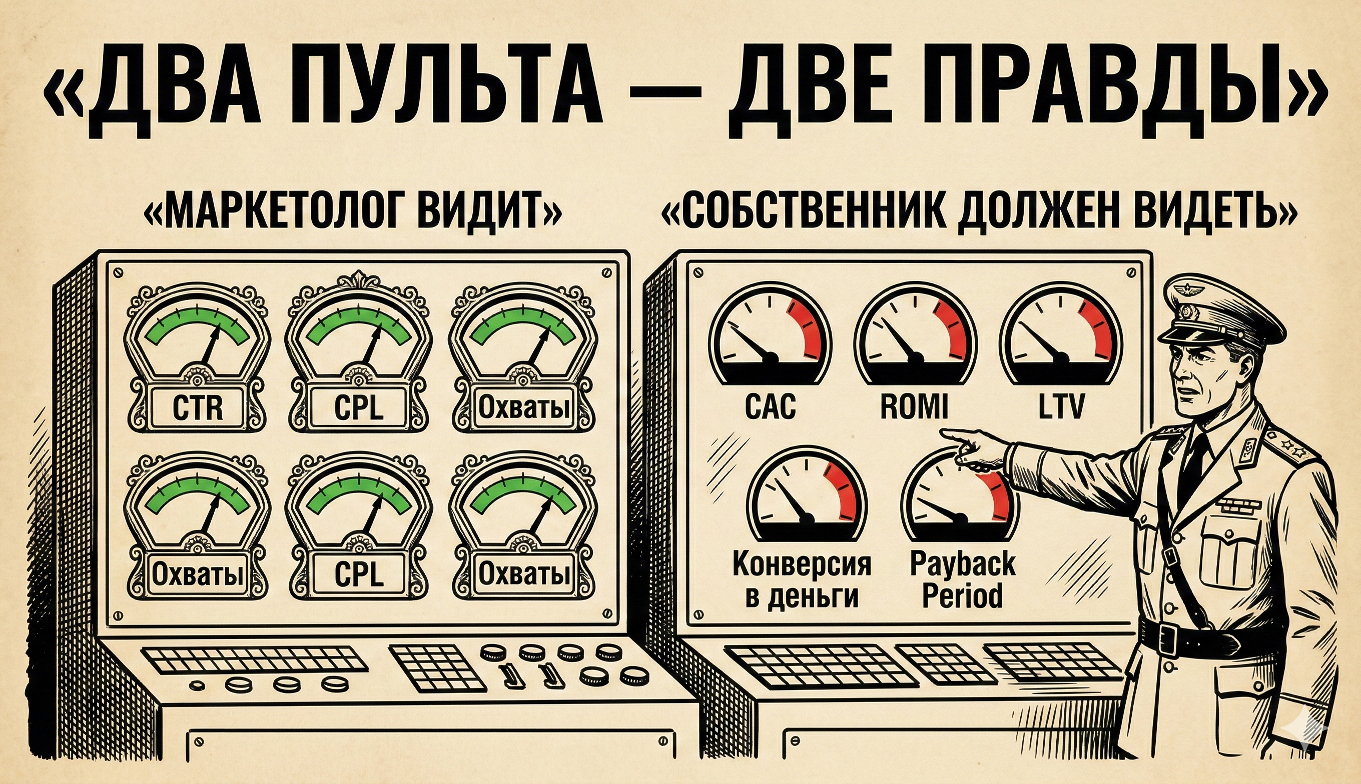 Два пульта управления: vanity metrics vs реальные метрики эффективности маркетинга — ретро-комикс