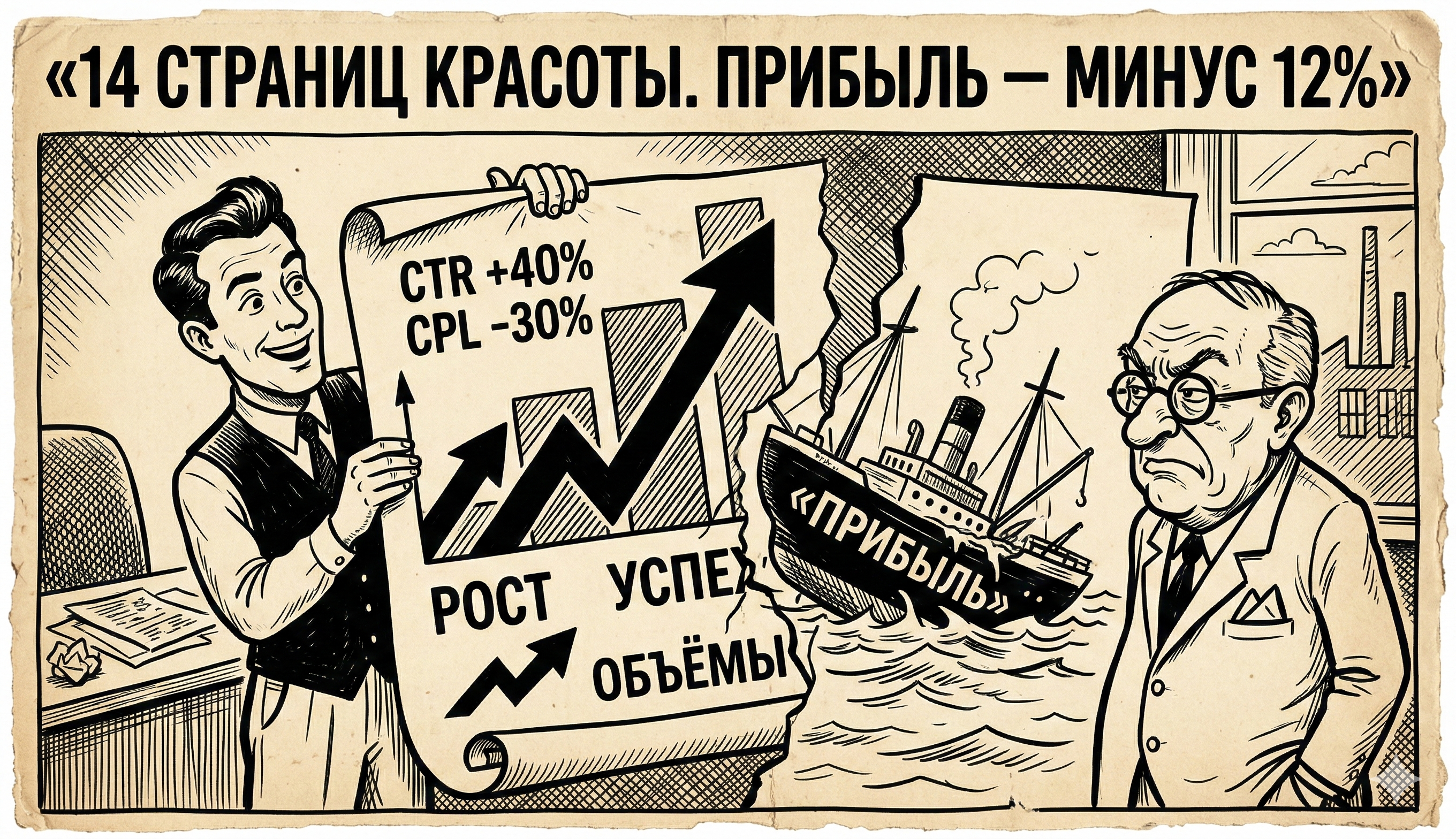 Маркетолог показывает красивый отчёт, но за ним тонет прибыль — ретро-комикс