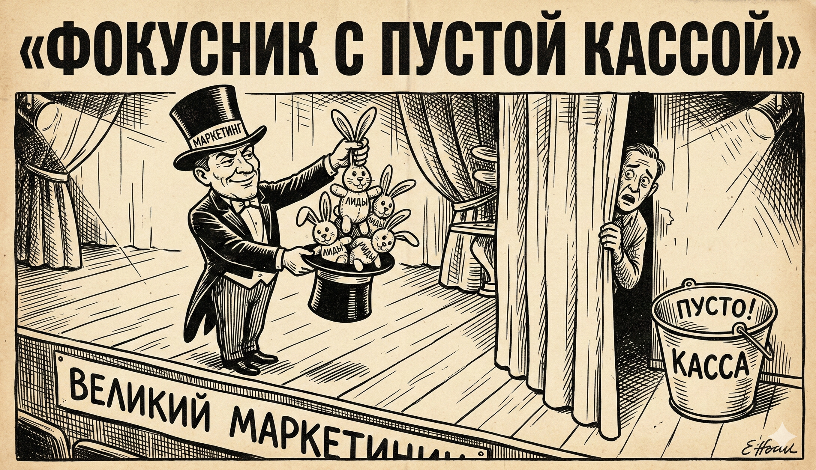 Фокусник-маркетолог достаёт игрушечных лидов при пустой кассе — ретро-комикс