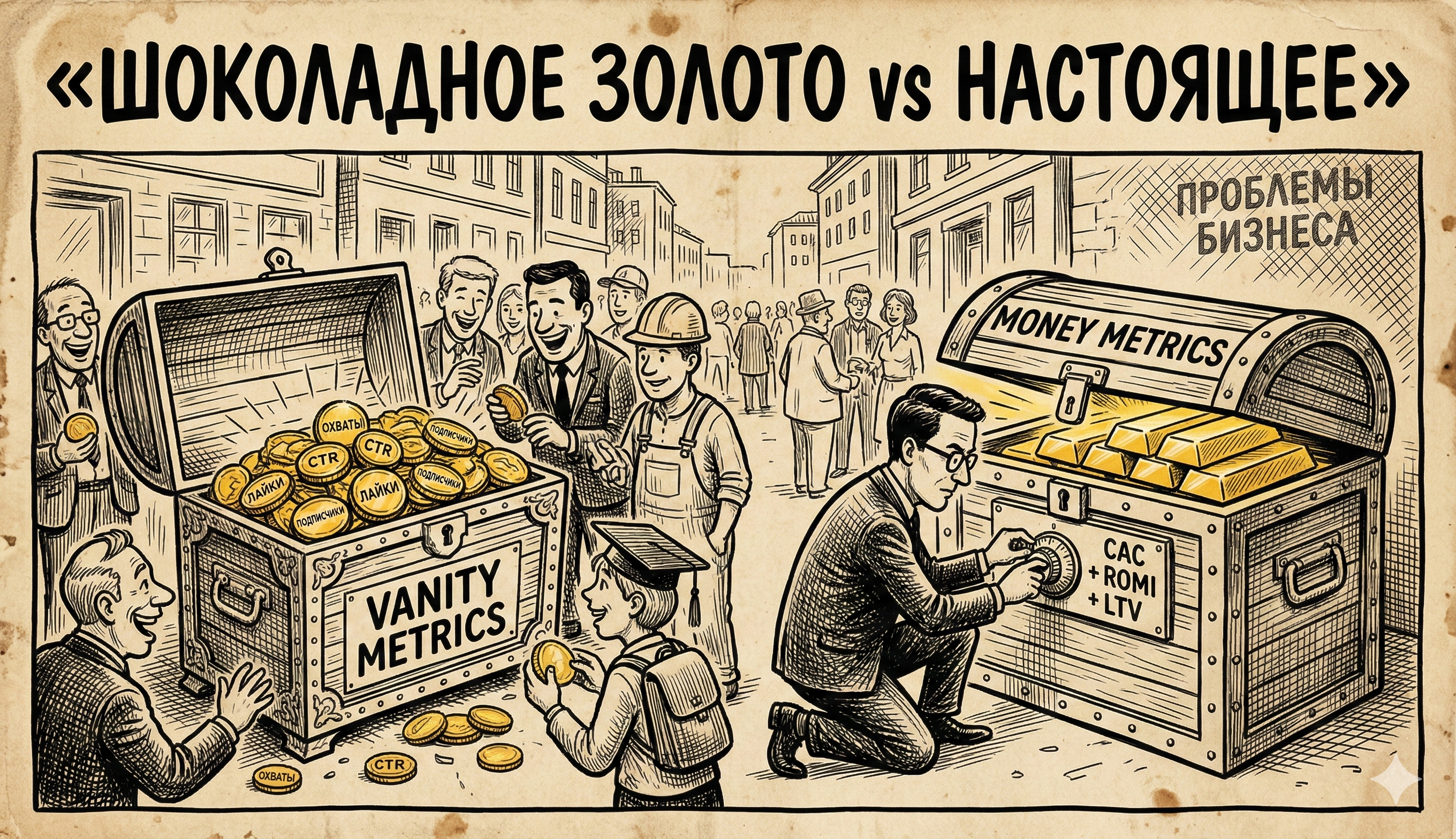 Сравнение vanity metrics и money metrics — шоколадные монеты CTR и лайков vs настоящее золото CAC, ROMI, LTV