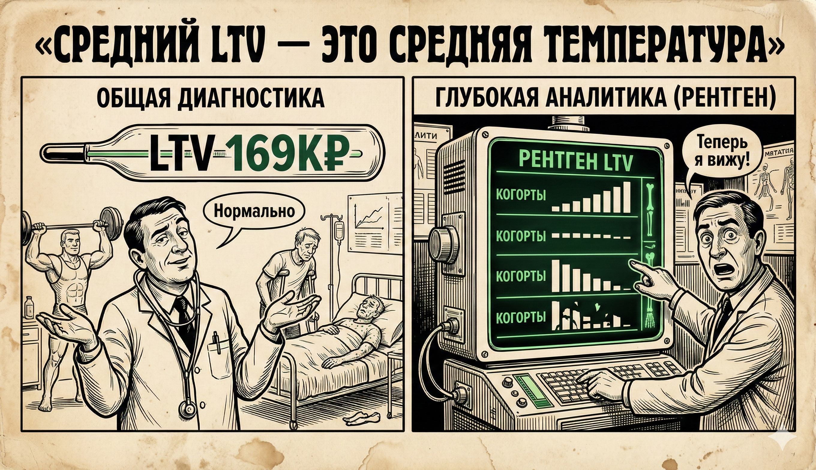 Средний LTV — это средняя температура: общая диагностика показывает 169К — нормально, а рентген по когортам показывает реальную картину