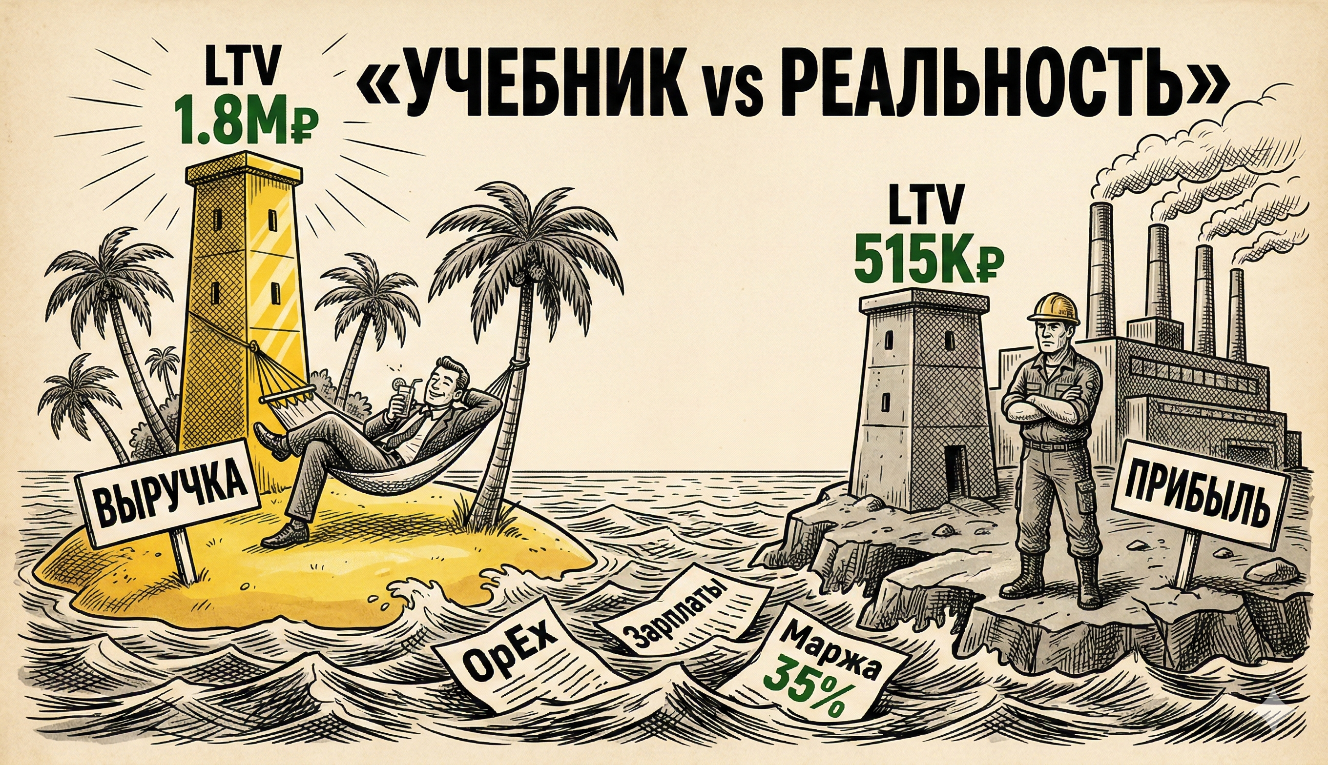 Учебник vs реальность: LTV 1.8М по выручке на красивом острове, LTV 515К по прибыли на каменной крепости, между ними — OpEx, зарплаты, маржа 35%