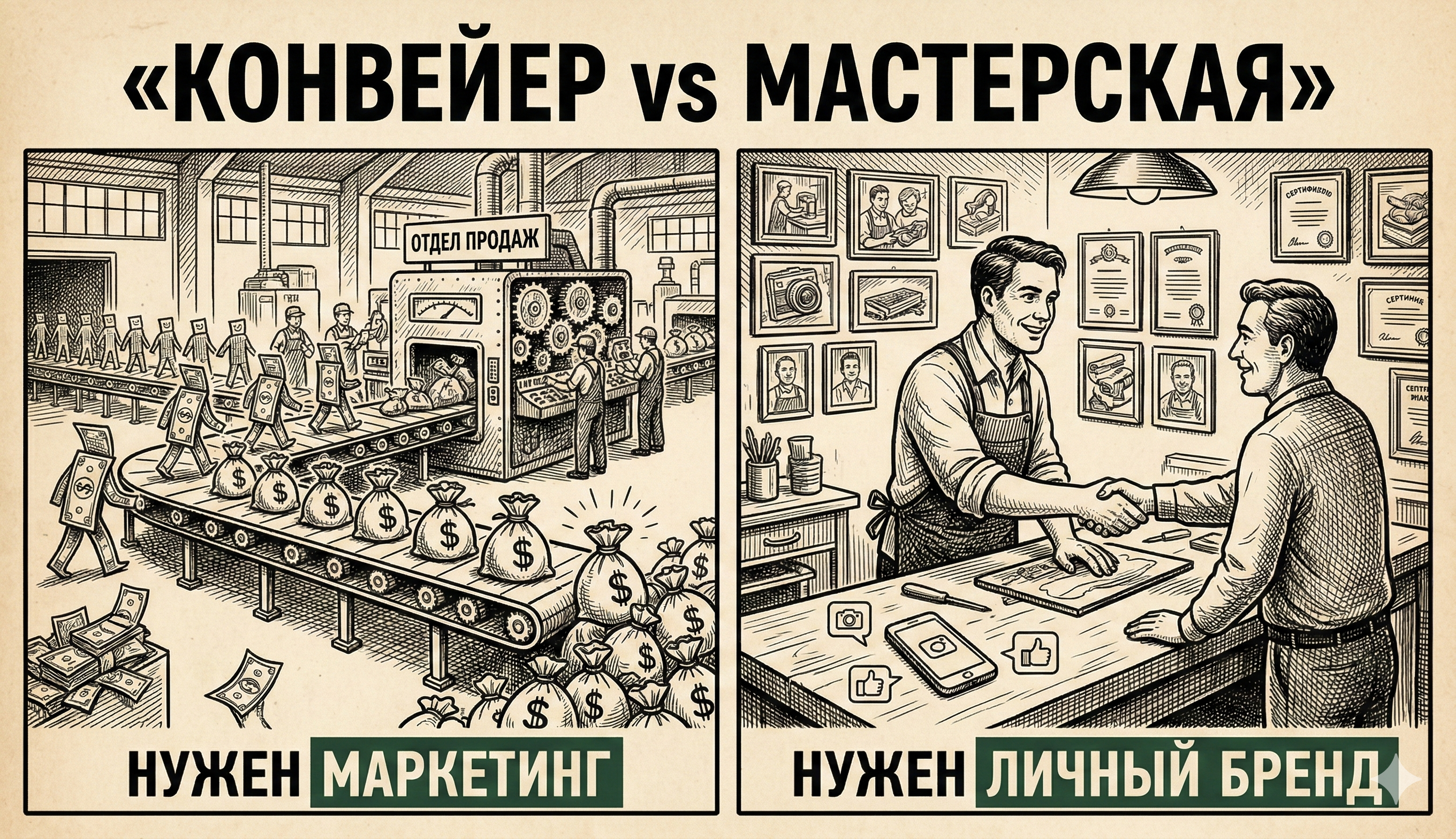 Два типа бизнеса: конвейер с маркетинговой машиной vs мастерская с личным брендом