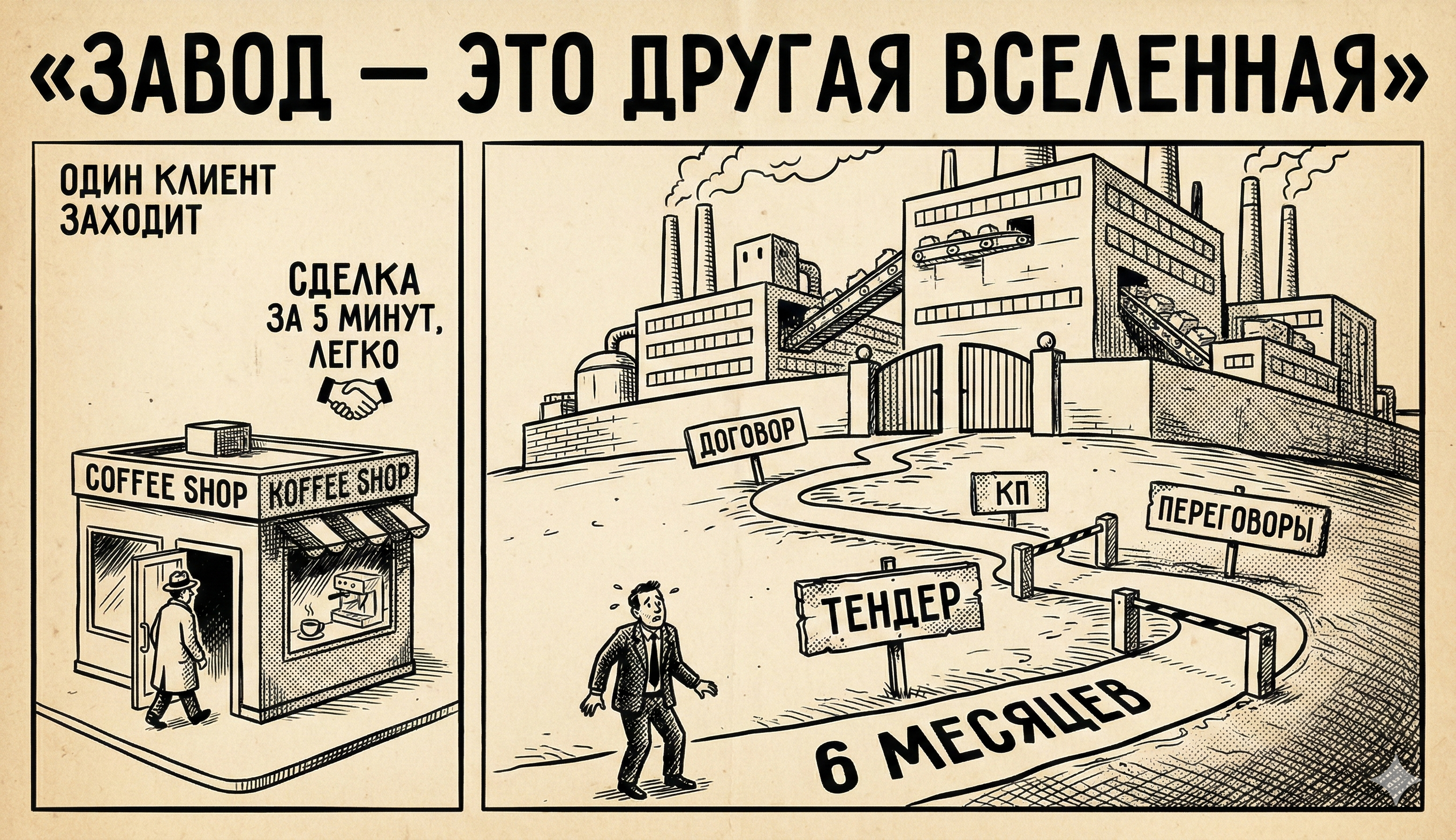 Кофейня vs завод — разница в циклах продаж B2B и B2C