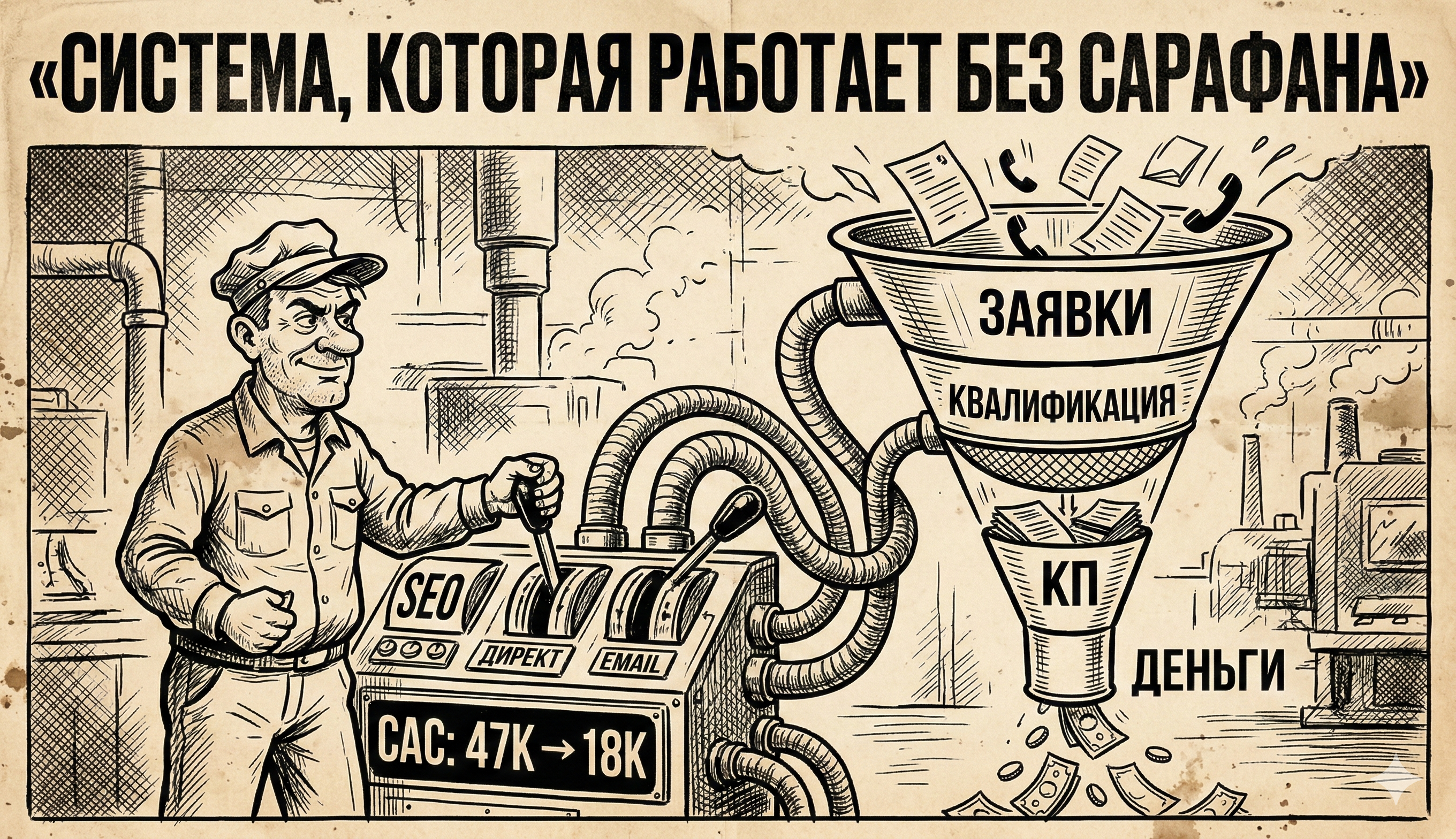 Система маркетинга на заводе — три канала, одна воронка, CAC падает