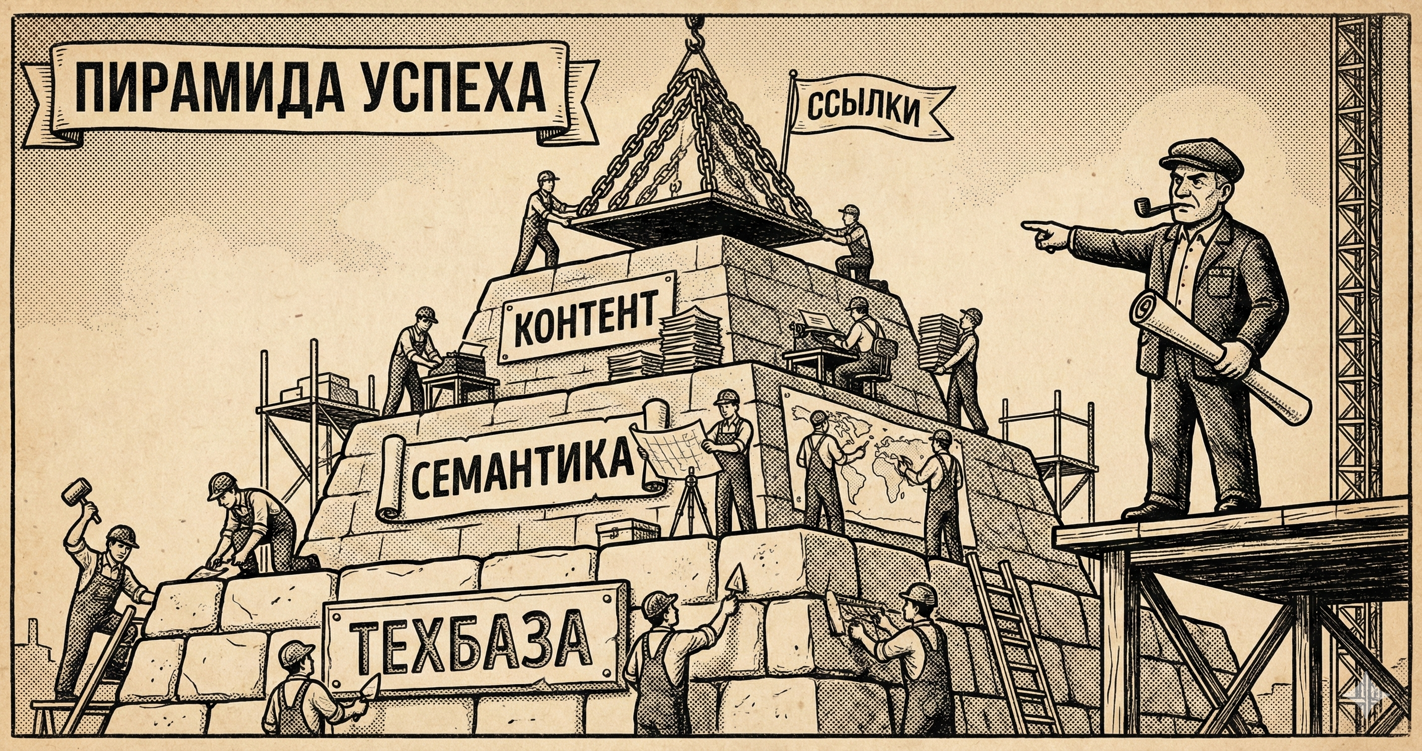 Пирамида из 4 уровней SEO: техбаза, семантика, контент, ссылки — ретро-комикс