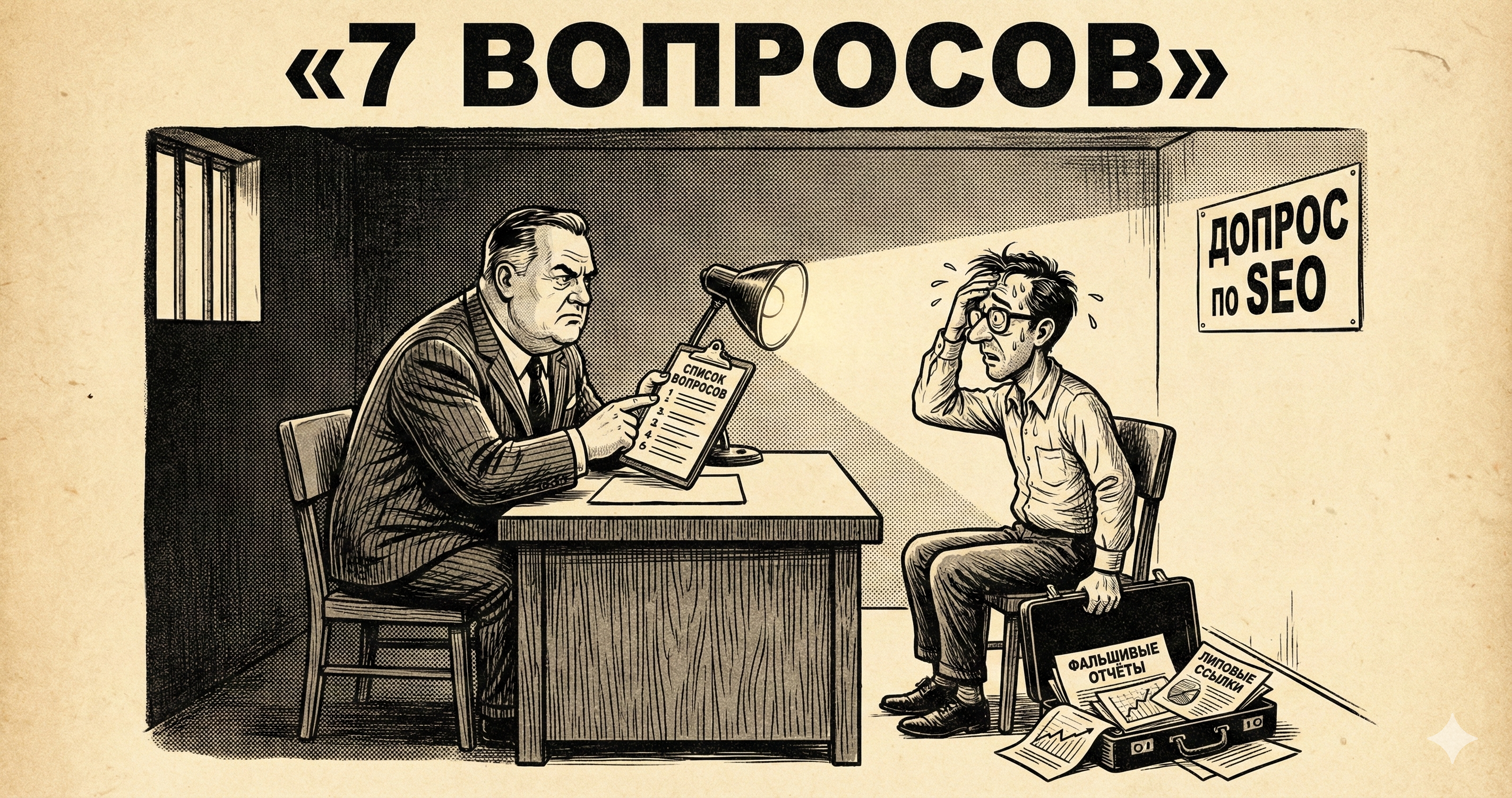 Собственник допрашивает SEO-подрядчика с лупой, тот потеет — ретро-комикс