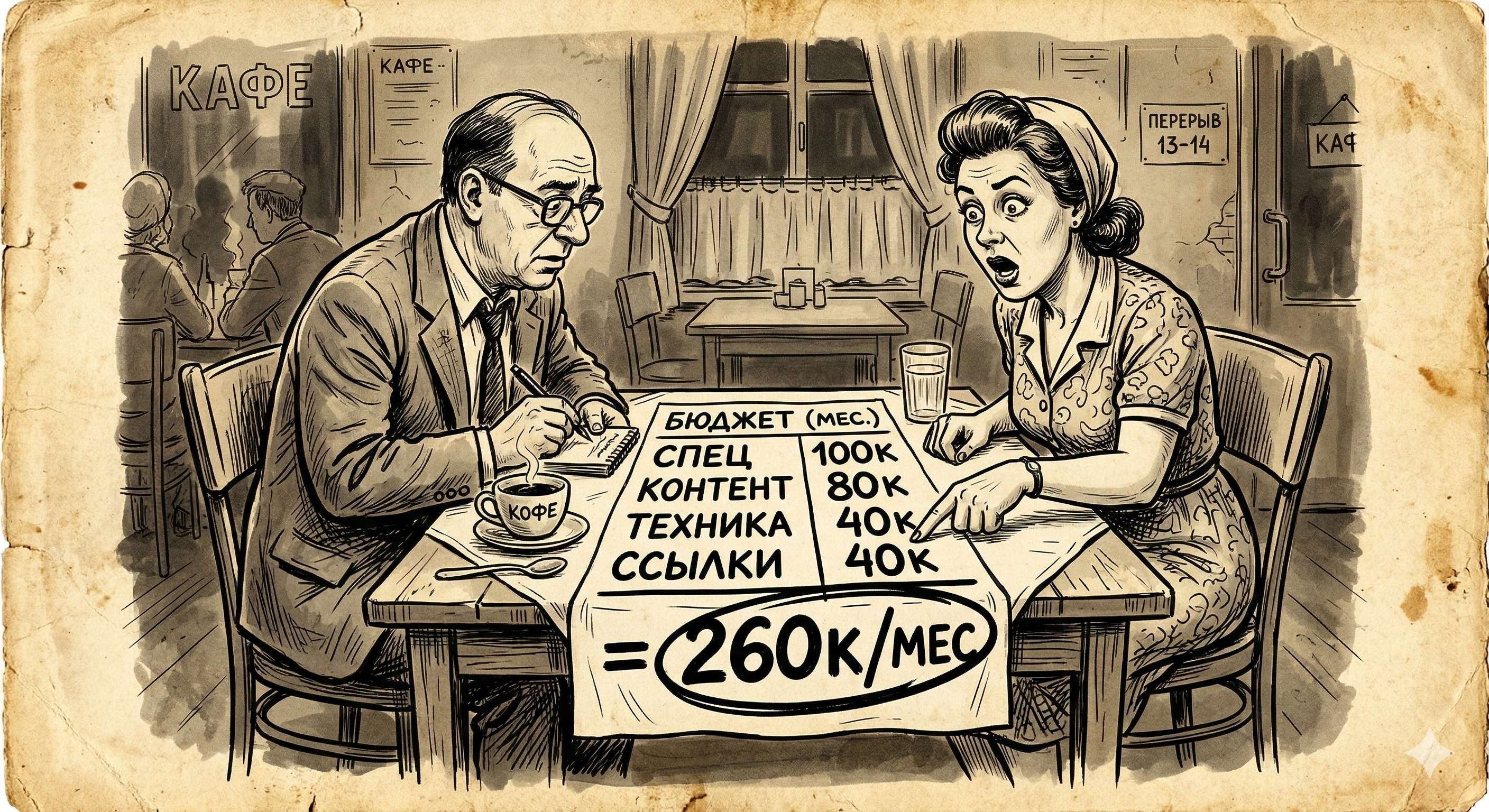 Бюджет на SEO — расклад на салфетке: специалист 100К, контент 80К, техничка 40К, ссылки 40К = 260К/мес