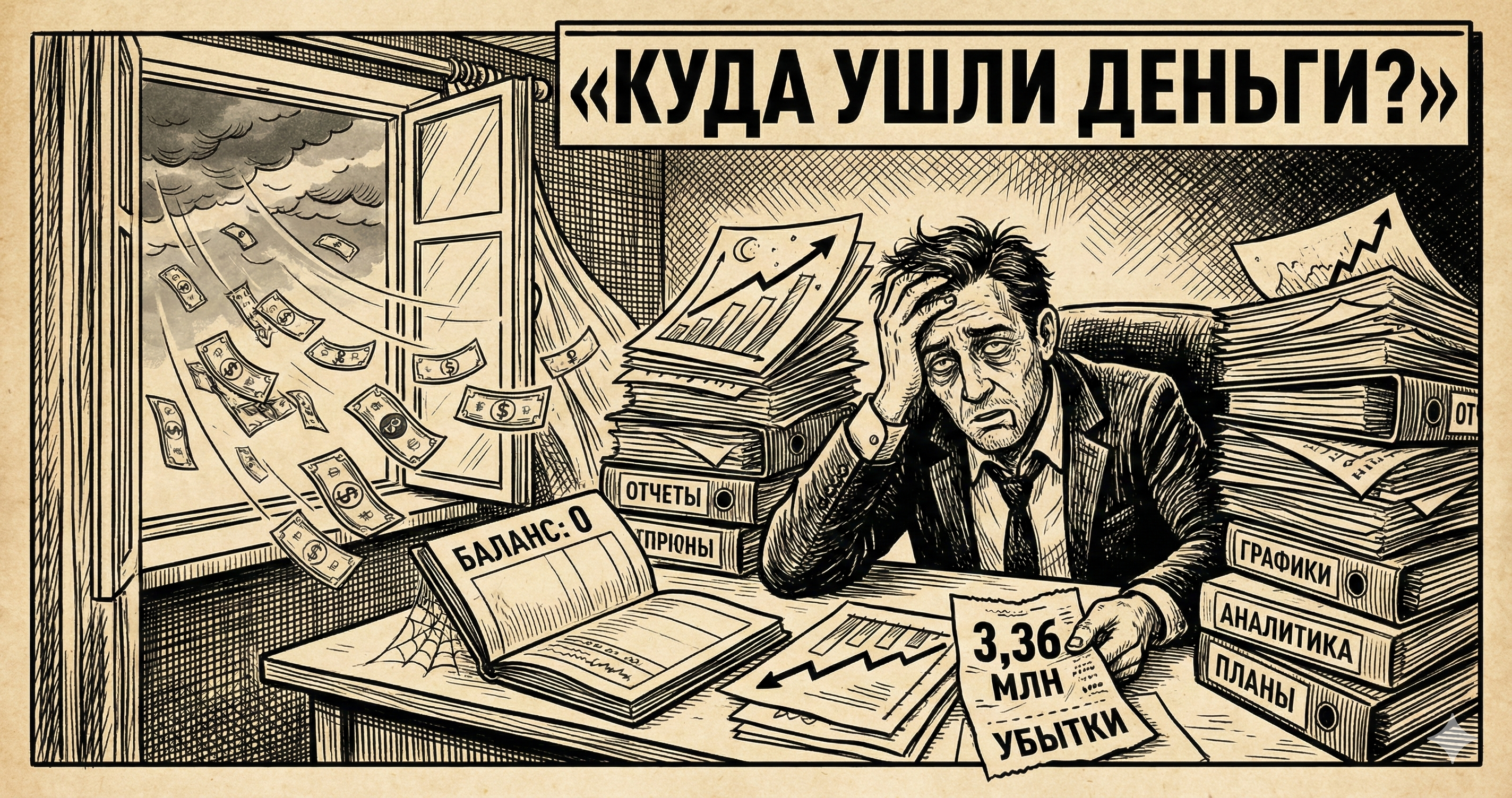 Бизнесмен за столом, куча бесполезных SEO-отчётов, деньги улетают в окно — ретро-комикс