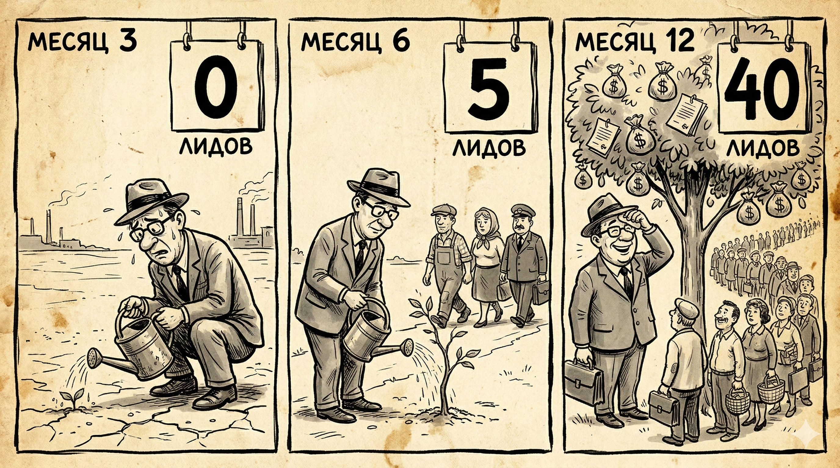 Рост лидов из SEO: месяц 3 — 0 лидов, месяц 6 — 5 лидов, месяц 12 — 40 лидов