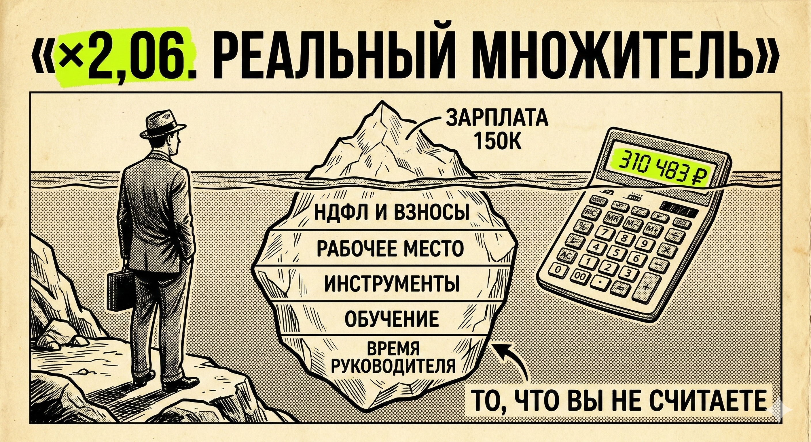 Айсберг реальной стоимости маркетолога: зарплата 150К — это верхушка, а под водой НДФЛ, взносы, рабочее место, инструменты, время руководителя. Итого: ×2,06 = 310 483 ₽