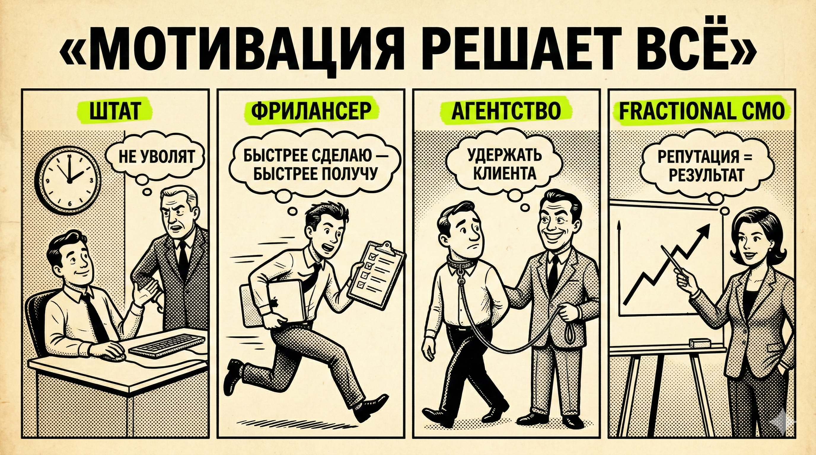 Мотивация четырёх моделей маркетинга: штатник думает «не уволят», фрилансер — «быстрее сделаю — быстрее получу», агентство — «удержать клиента», Fractional CMO — «репутация = результат»