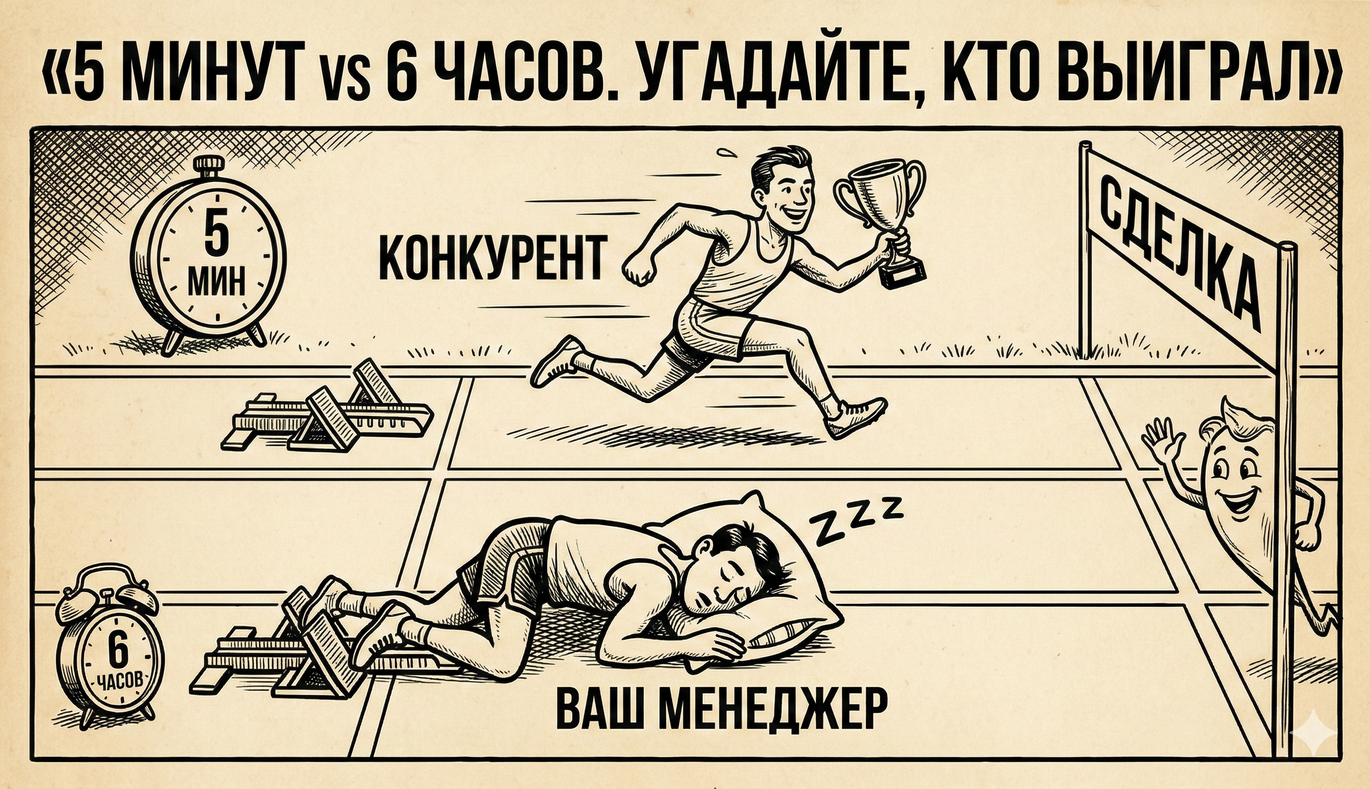 5 минут vs 6 часов: конкурент бежит к сделке, ваш менеджер спит — скорость обработки лидов решает