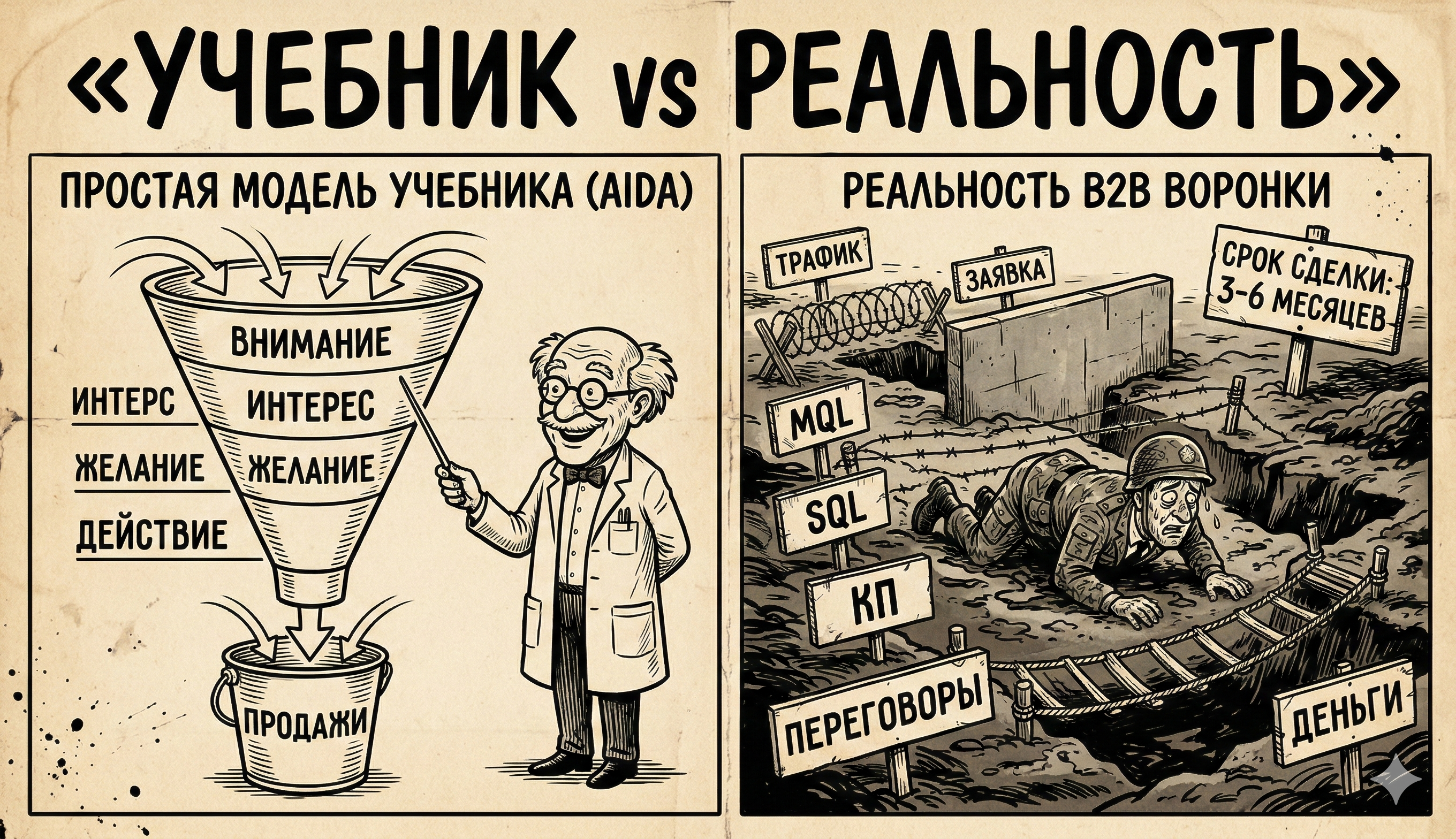 Учебник vs реальность — простая воронка AIDA против жёсткой полосы препятствий B2B